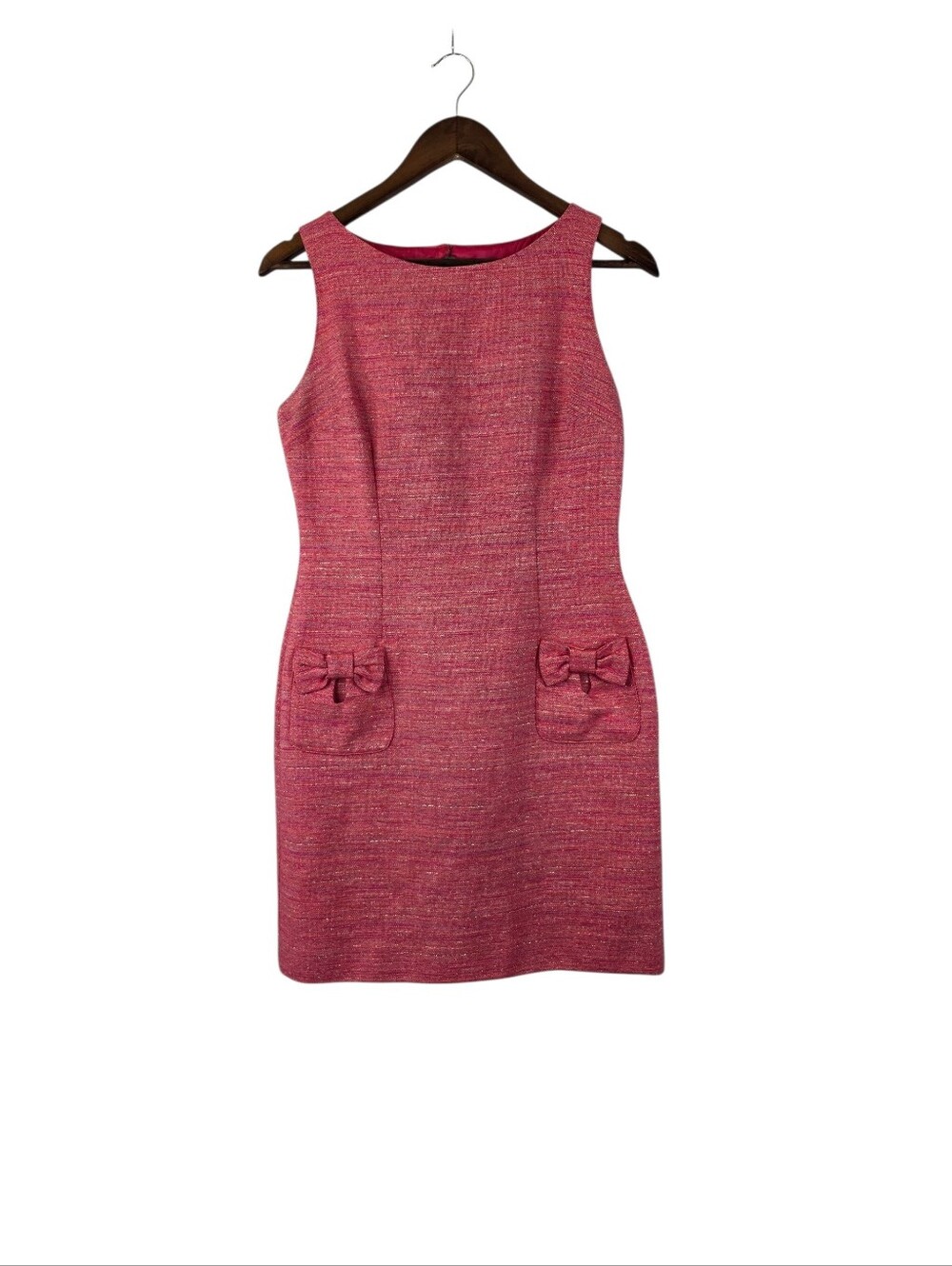 Britt Ryan Women's Size 6 Pink Tweed Sheath Dress Old Money Bow‎ Pockets Glitter